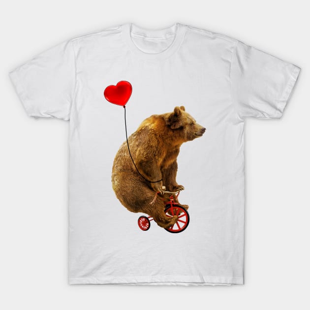 Grizzly Bear Riding a Red Tricycle with Heart Balloon T-Shirt by SirLeeTees